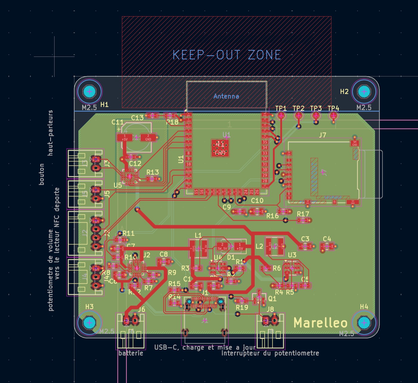 Capture de KiCad montrant le routage de la carte : un rectangle vert couvert de pistes rouges, les connecteurs annotés sur les bords, et une zone hachurée en haut marquée KEEP-OUT ZONE sous l'antenne.